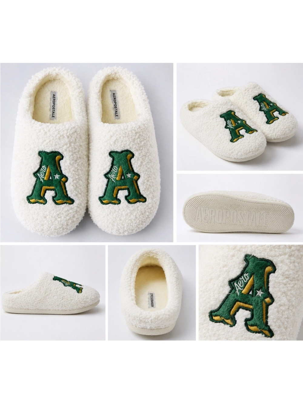 Aeropostale Kids Cream Sherpa Slip-On Slippers with Green 'A' Patch